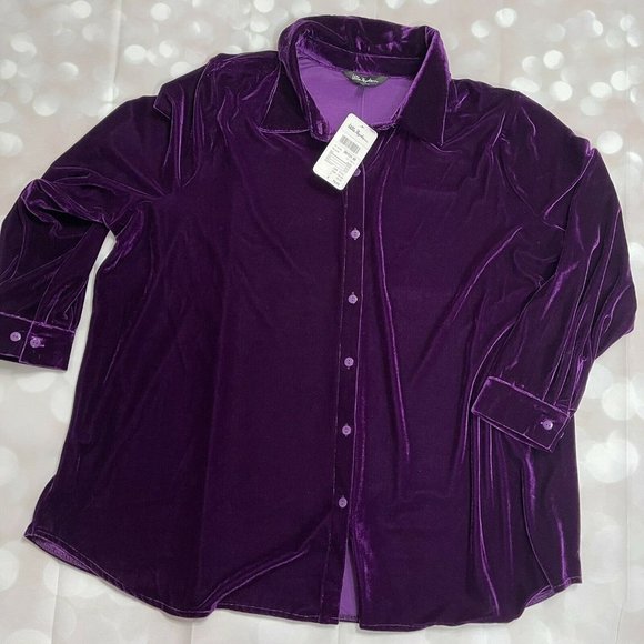 Ulla Popken Tops - Ulla Popken  NWT Plush Purple Velvet button up top sz 24 2X Retail $79.95